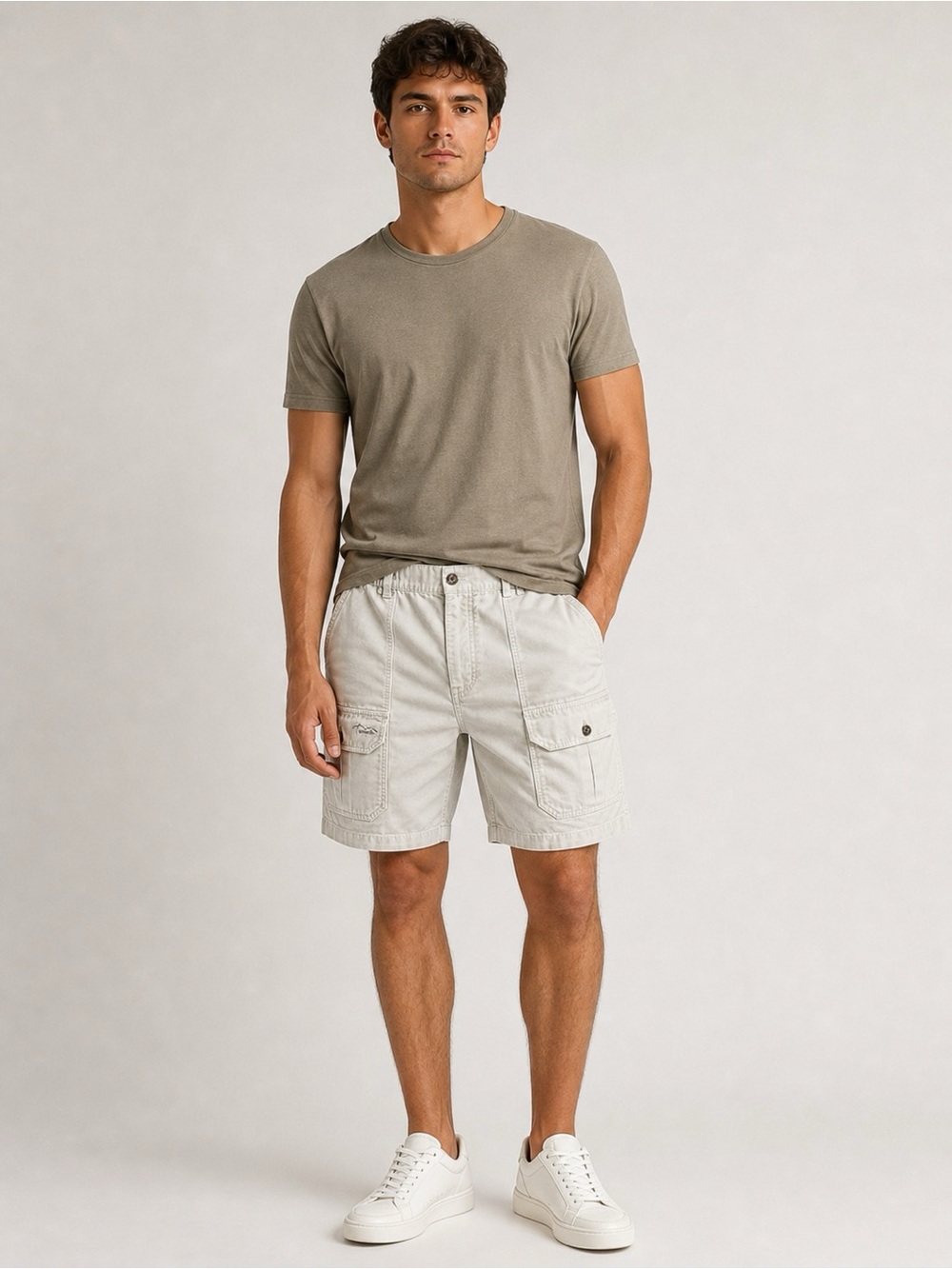 Light Cream Men's Cargo Shorts with Utility Pockets
